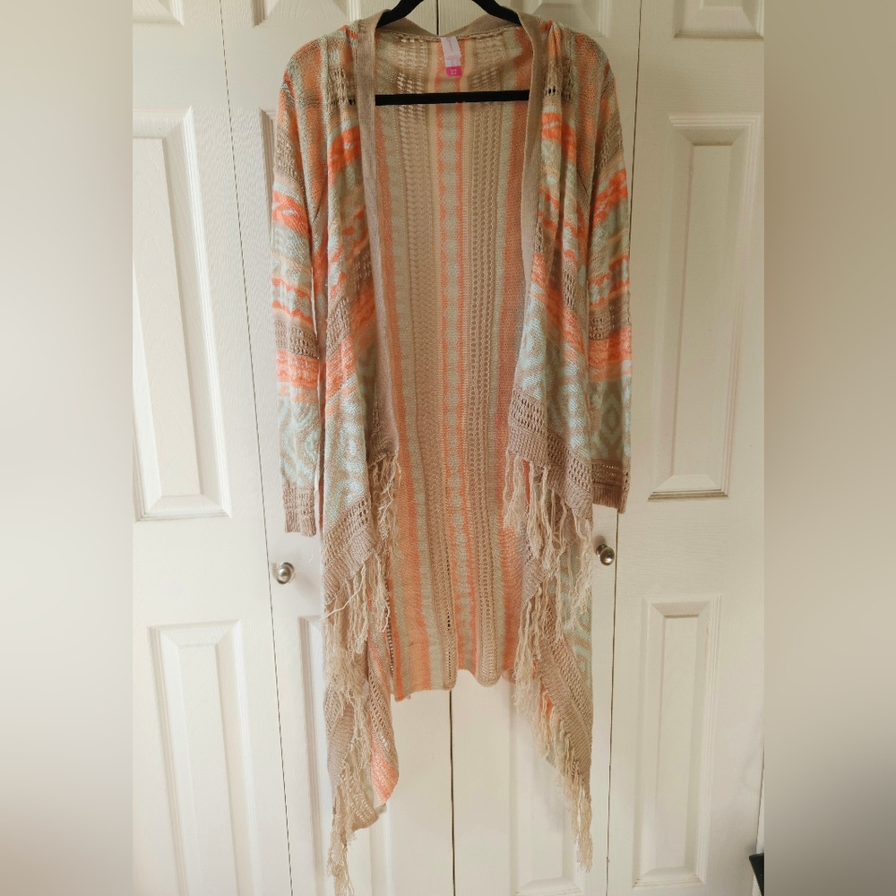 Bohemian Tassled Duster Cardigan, No Boundaries, Orange and Mint, Small (3-5)